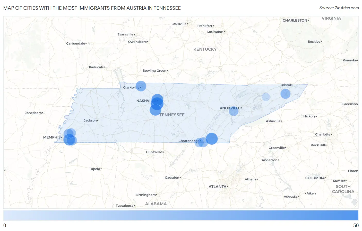 Cities with the Most Immigrants from Austria in Tennessee Map