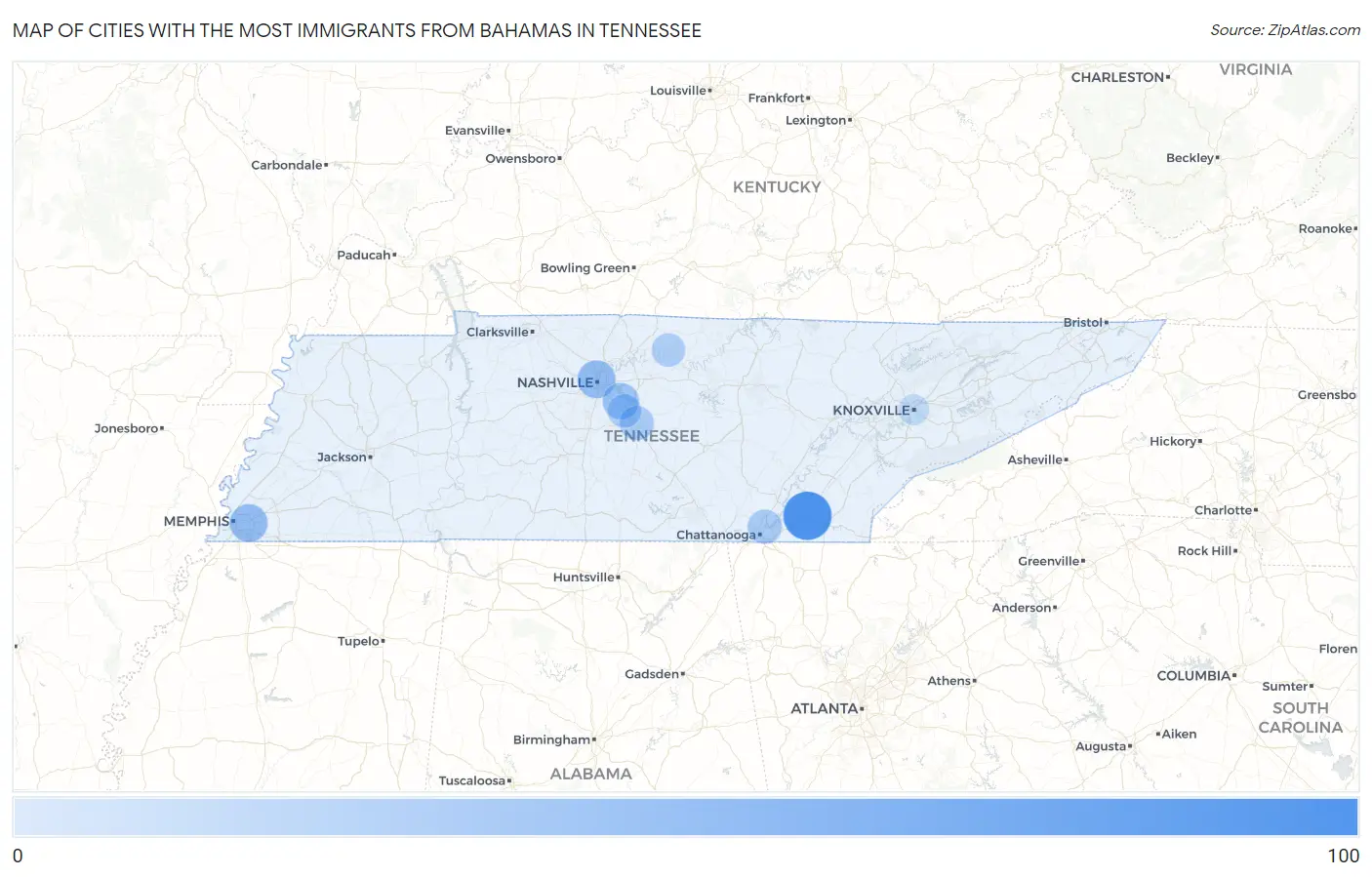 Cities with the Most Immigrants from Bahamas in Tennessee Map