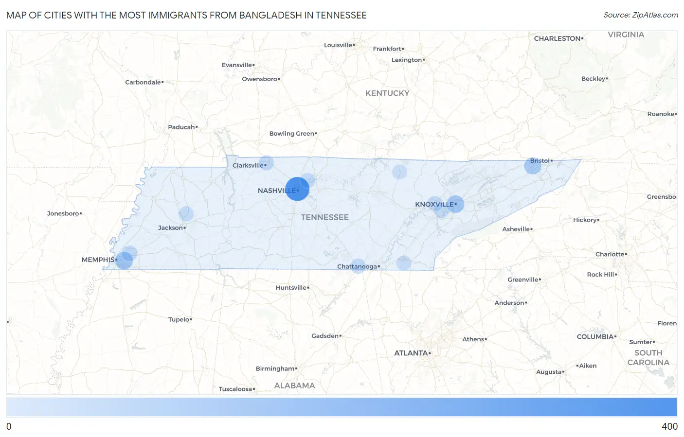 Cities with the Most Immigrants from Bangladesh in Tennessee Map