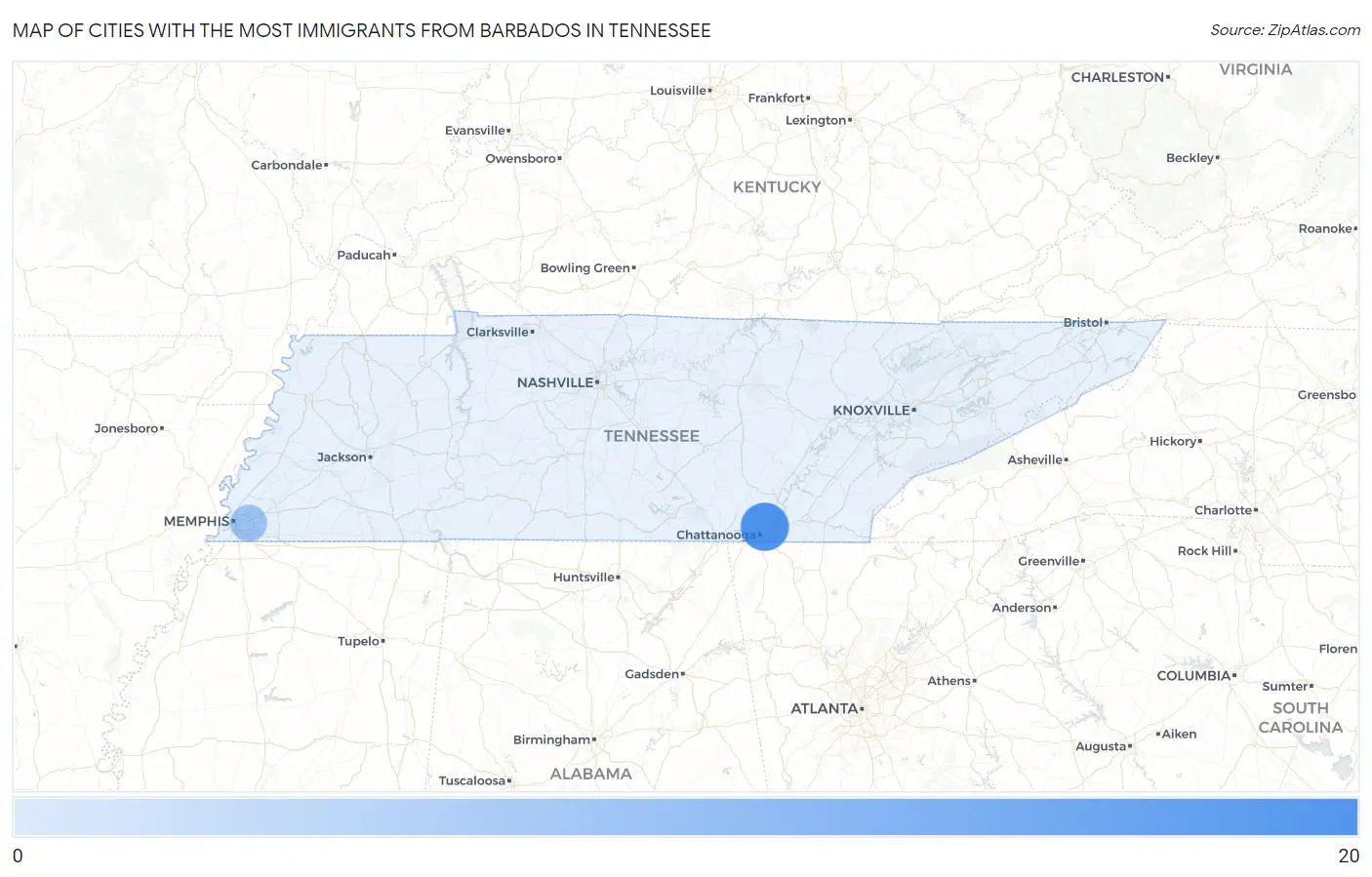 Cities with the Most Immigrants from Barbados in Tennessee Map