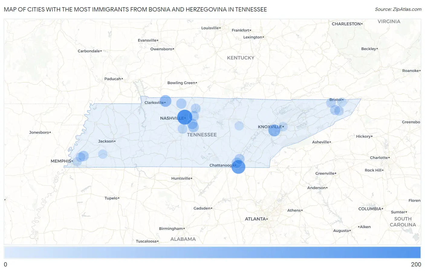 Cities with the Most Immigrants from Bosnia and Herzegovina in Tennessee Map