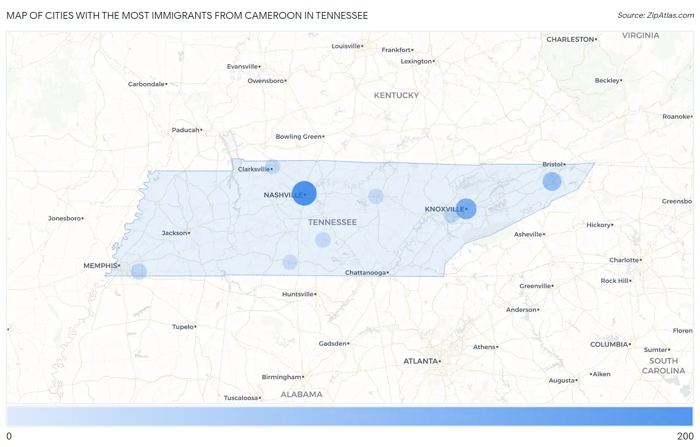 Cities with the Most Immigrants from Cameroon in Tennessee Map