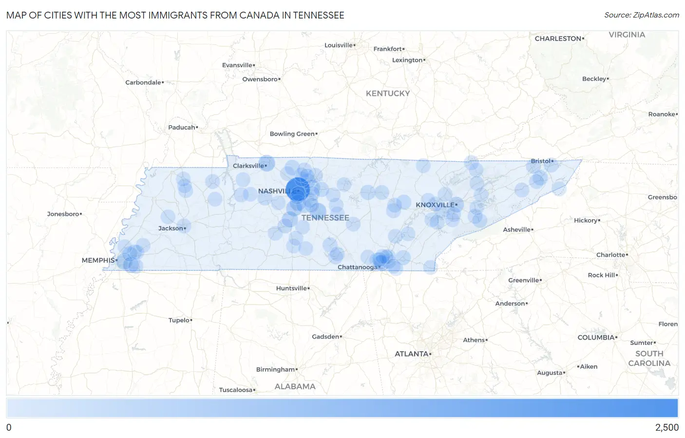 Cities with the Most Immigrants from Canada in Tennessee Map
