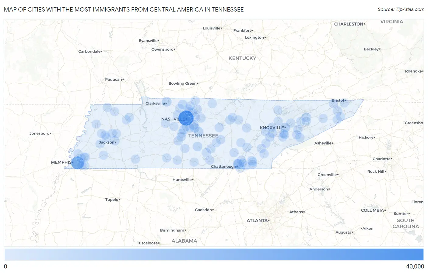 Cities with the Most Immigrants from Central America in Tennessee Map