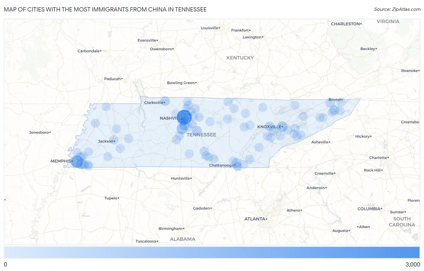 Cities with the Most Immigrants from China in Tennessee Map
