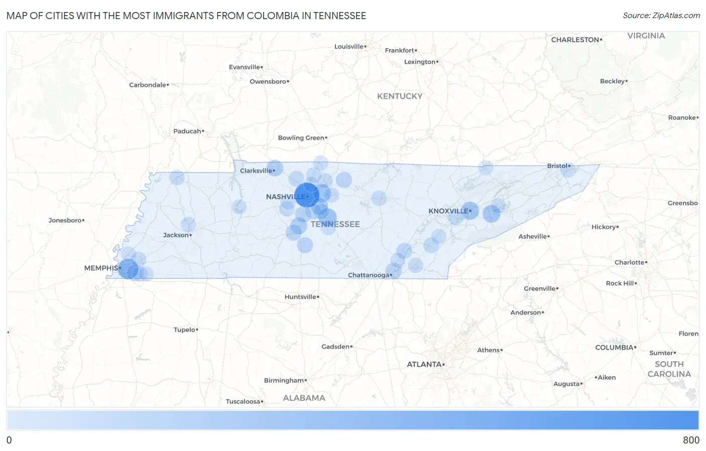 Cities with the Most Immigrants from Colombia in Tennessee Map