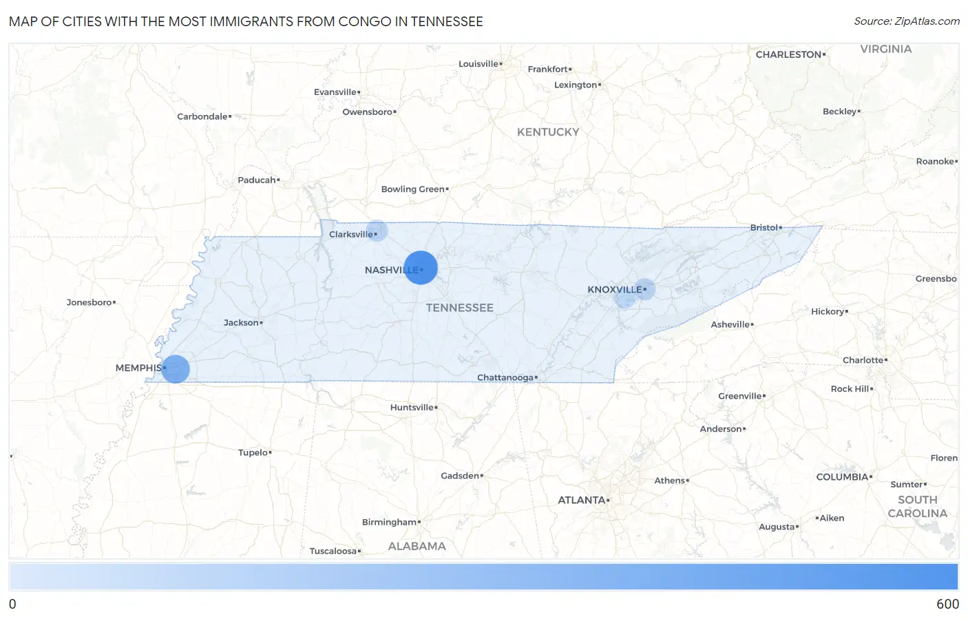 Cities with the Most Immigrants from Congo in Tennessee Map