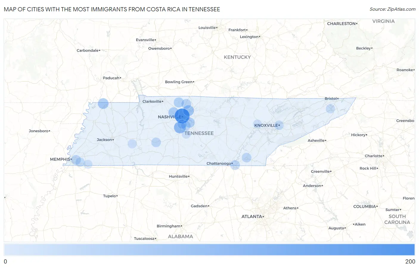 Cities with the Most Immigrants from Costa Rica in Tennessee Map