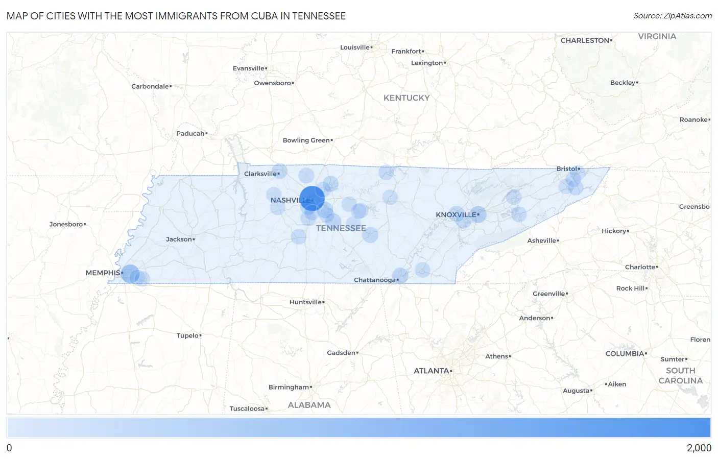 Cities with the Most Immigrants from Cuba in Tennessee Map