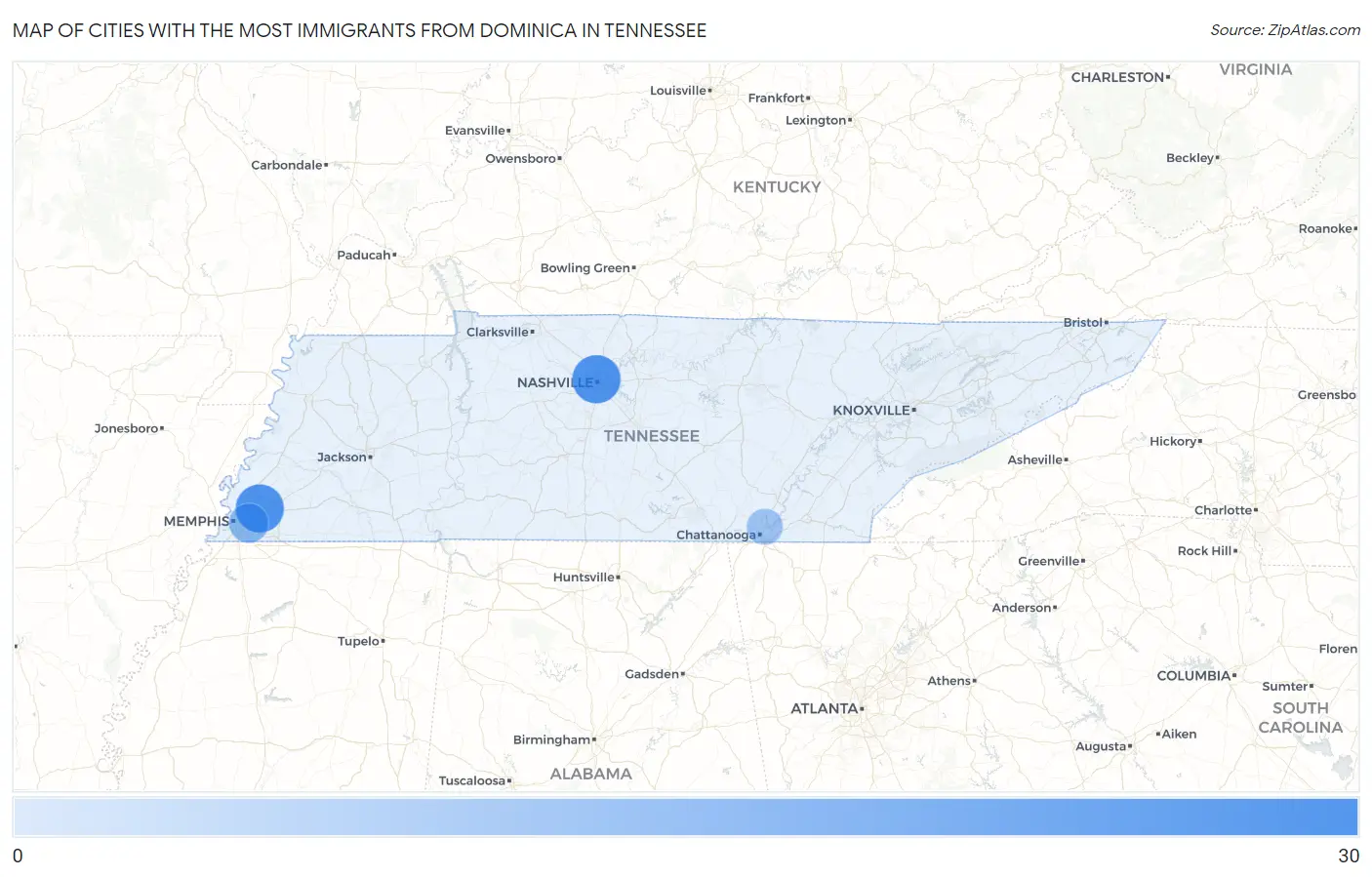 Cities with the Most Immigrants from Dominica in Tennessee Map