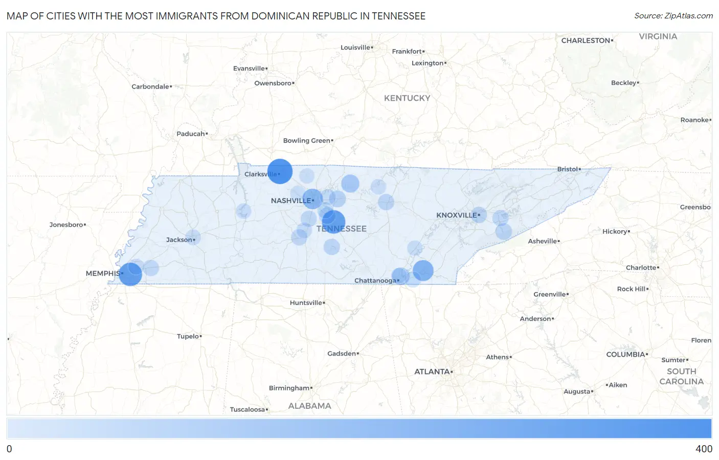 Cities with the Most Immigrants from Dominican Republic in Tennessee Map