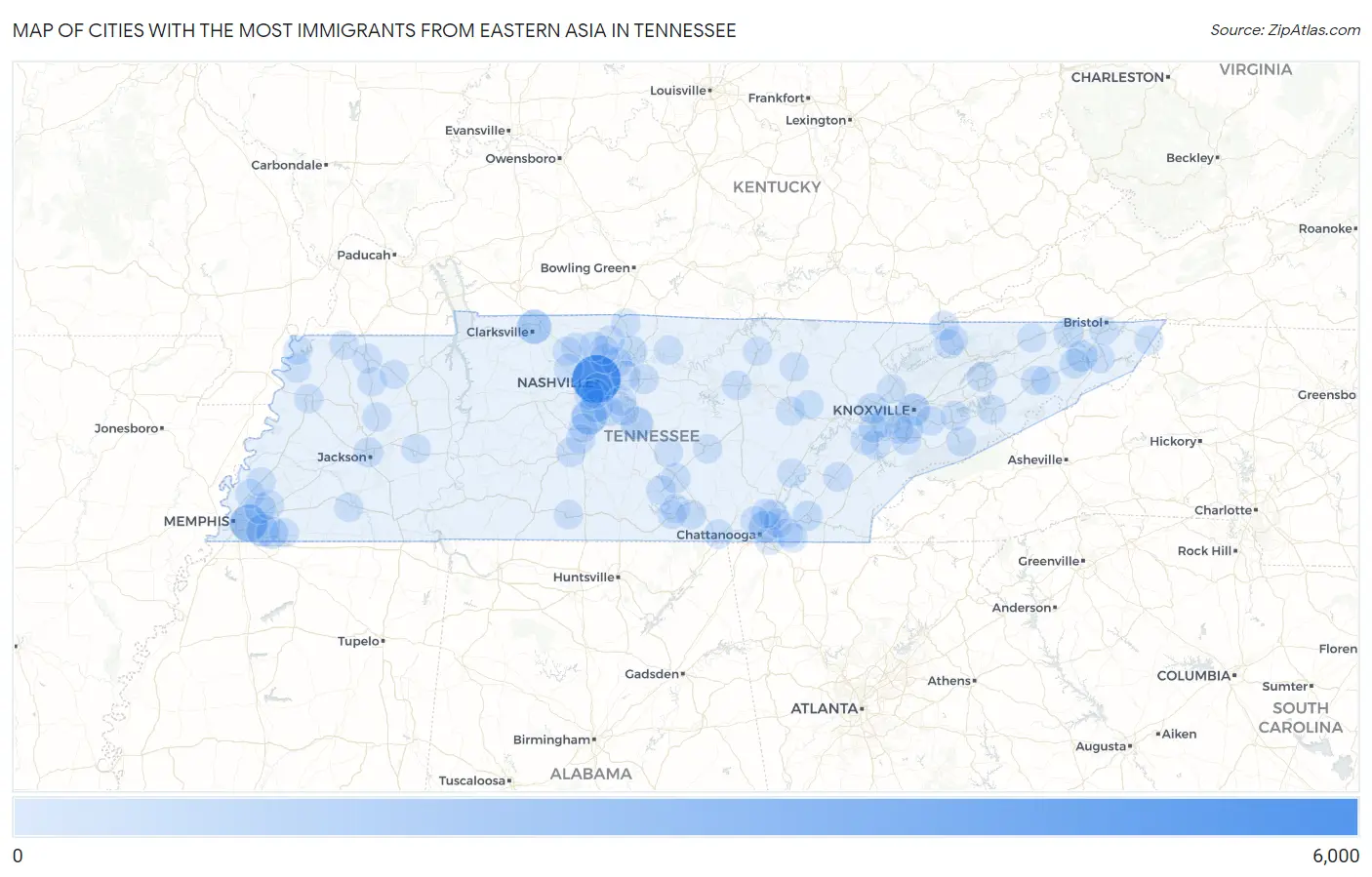 Cities with the Most Immigrants from Eastern Asia in Tennessee Map
