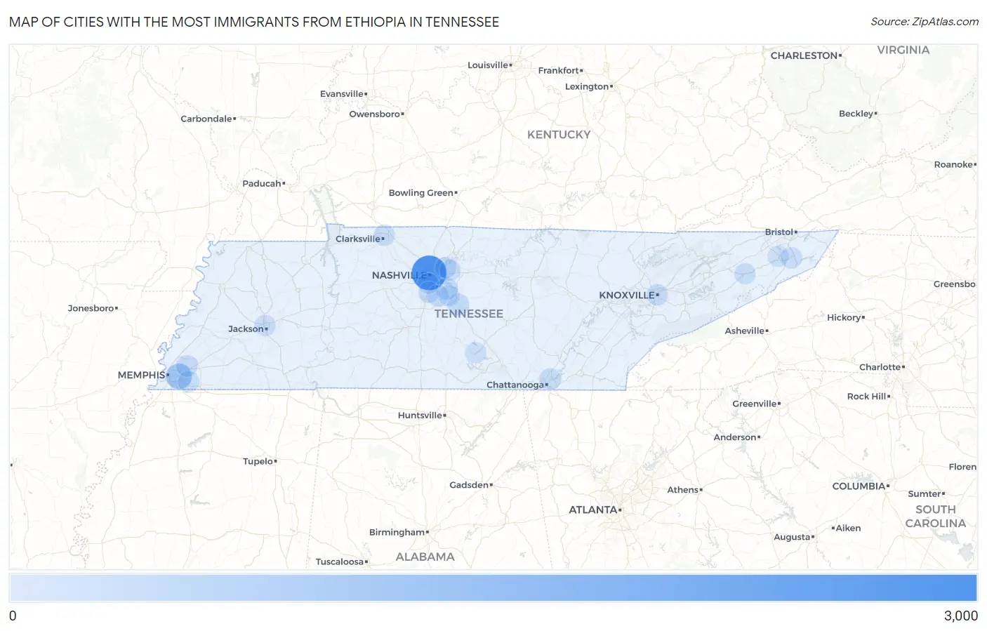 Cities with the Most Immigrants from Ethiopia in Tennessee Map