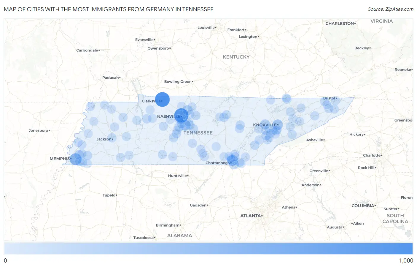 Cities with the Most Immigrants from Germany in Tennessee Map