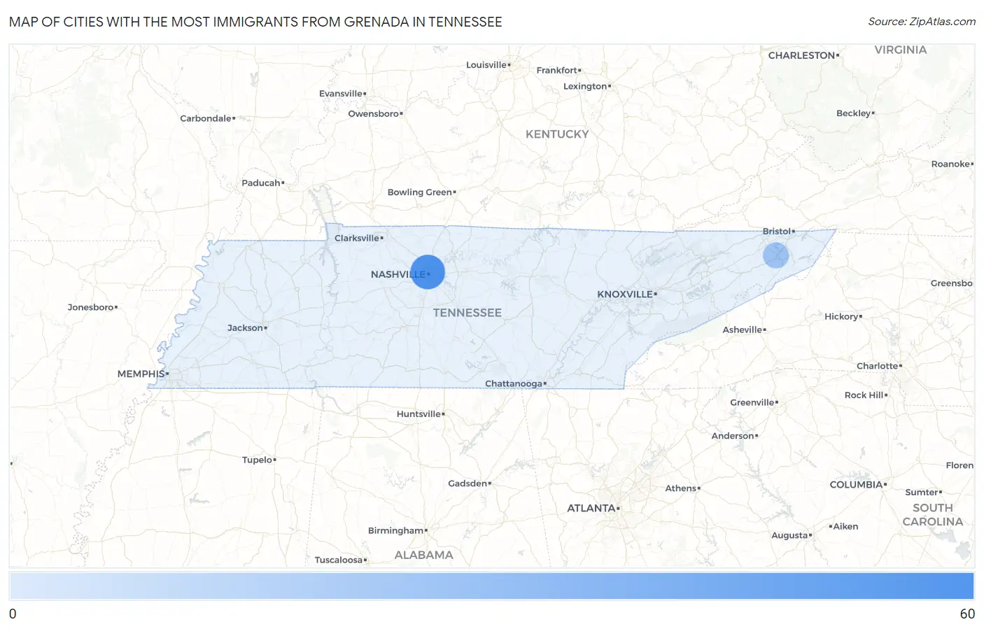 Cities with the Most Immigrants from Grenada in Tennessee Map
