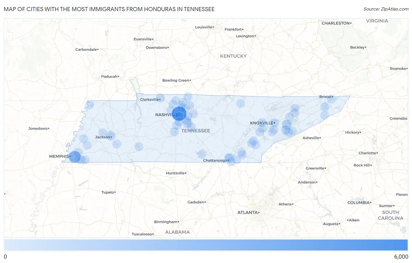 Cities with the Most Immigrants from Honduras in Tennessee Map
