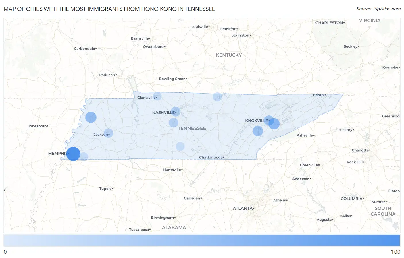 Cities with the Most Immigrants from Hong Kong in Tennessee Map