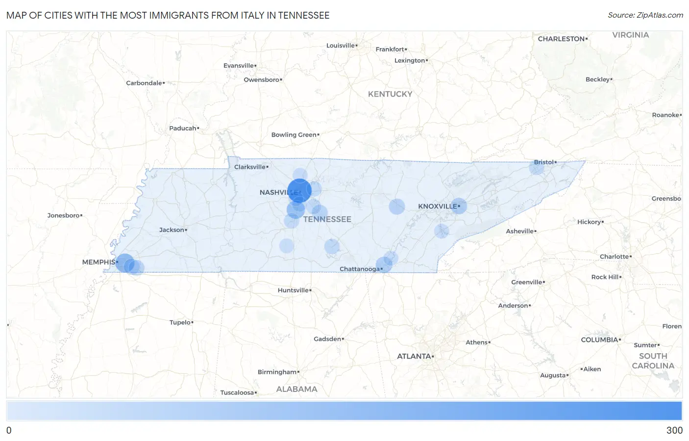 Cities with the Most Immigrants from Italy in Tennessee Map