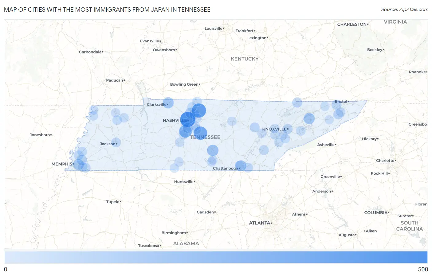 Cities with the Most Immigrants from Japan in Tennessee Map
