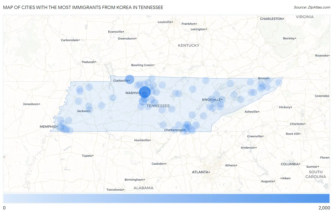Cities with the Most Immigrants from Korea in Tennessee Map