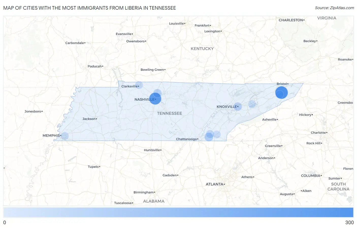 Cities with the Most Immigrants from Liberia in Tennessee Map