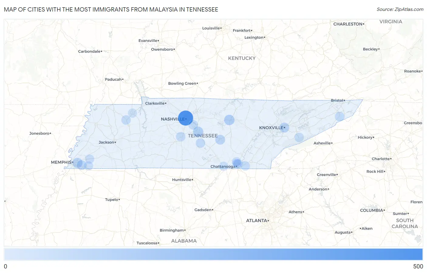 Cities with the Most Immigrants from Malaysia in Tennessee Map