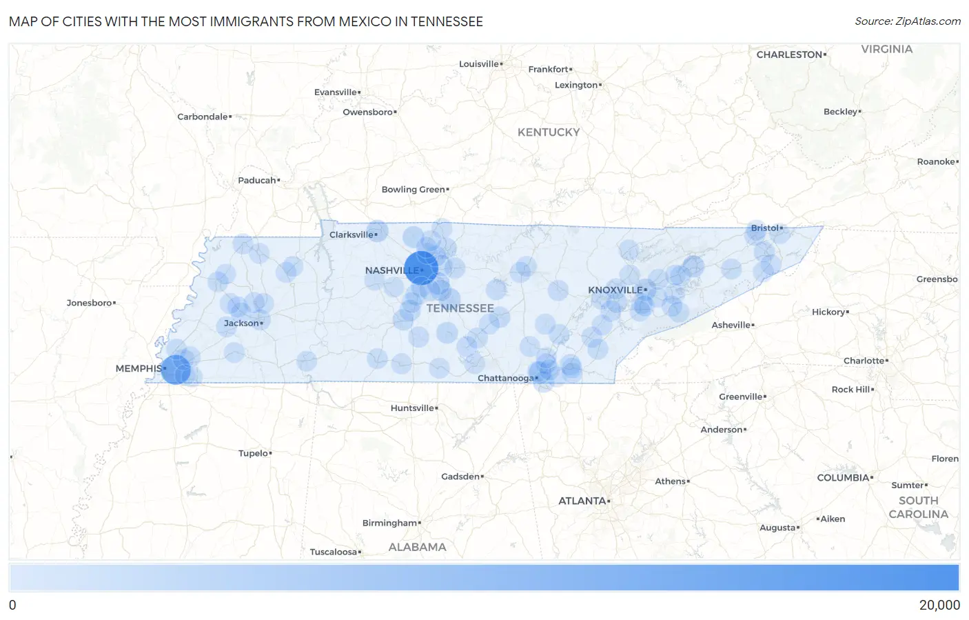 Cities with the Most Immigrants from Mexico in Tennessee Map