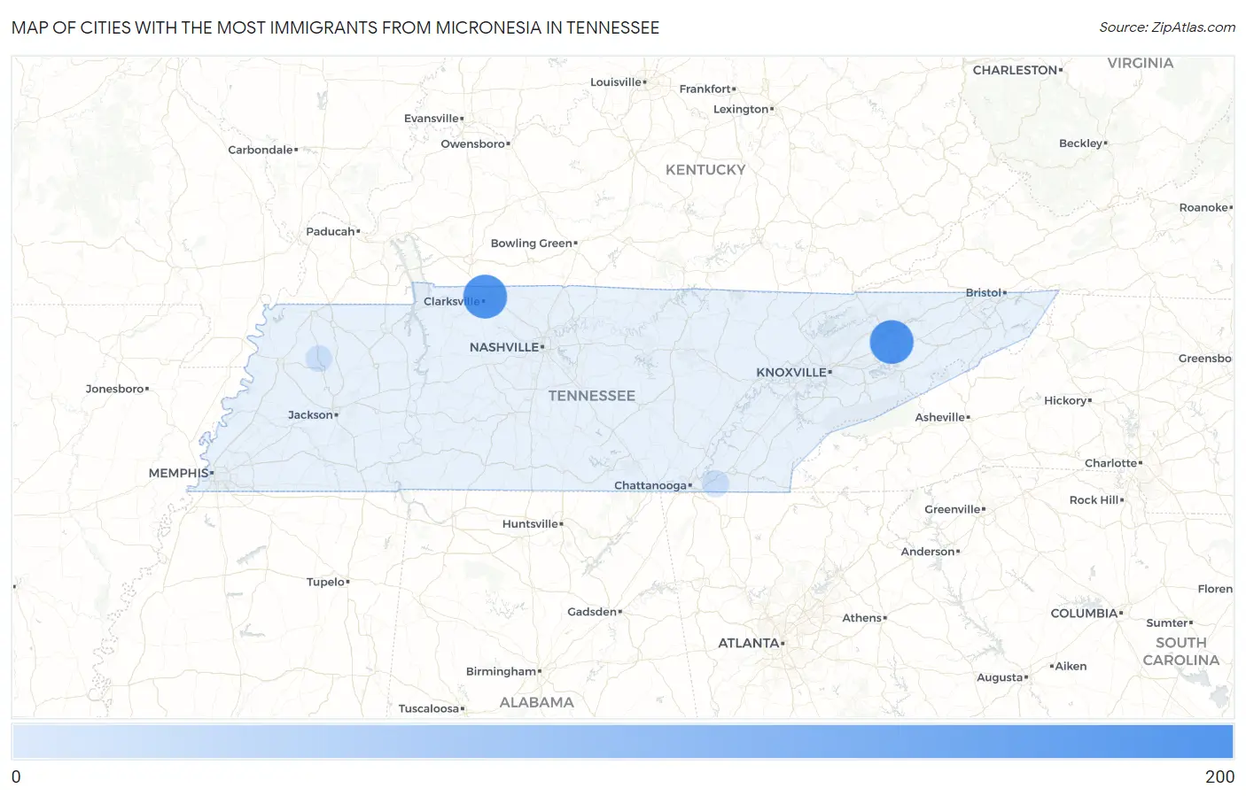 Cities with the Most Immigrants from Micronesia in Tennessee Map