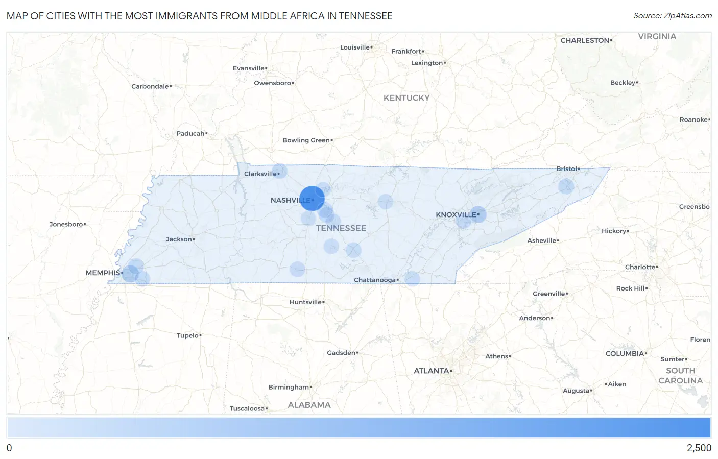 Cities with the Most Immigrants from Middle Africa in Tennessee Map