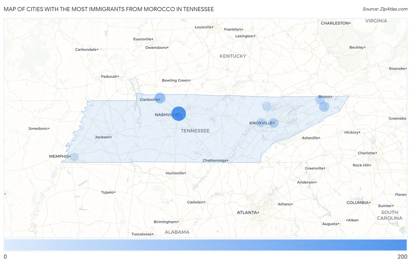 Cities with the Most Immigrants from Morocco in Tennessee Map