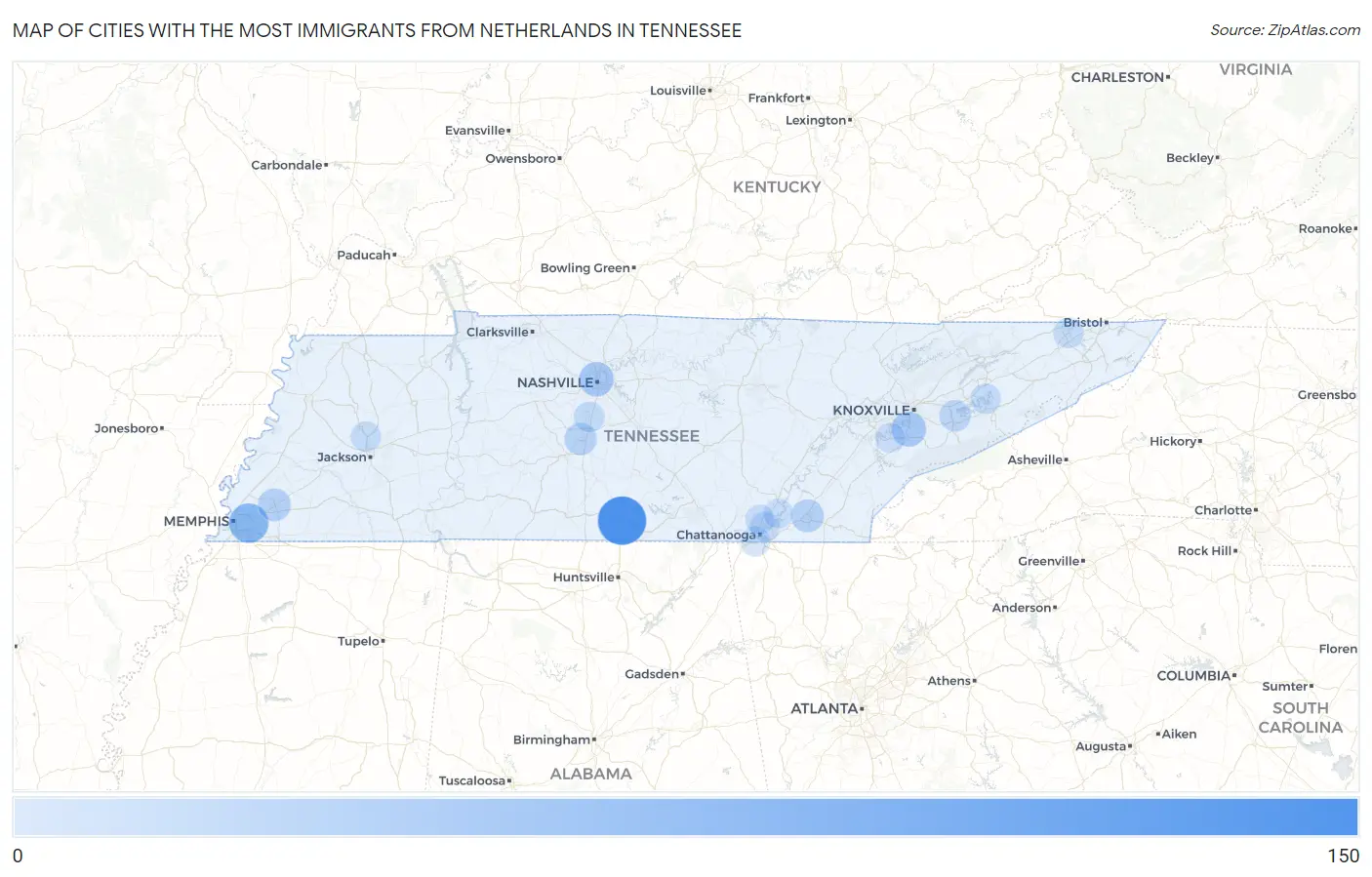 Cities with the Most Immigrants from Netherlands in Tennessee Map