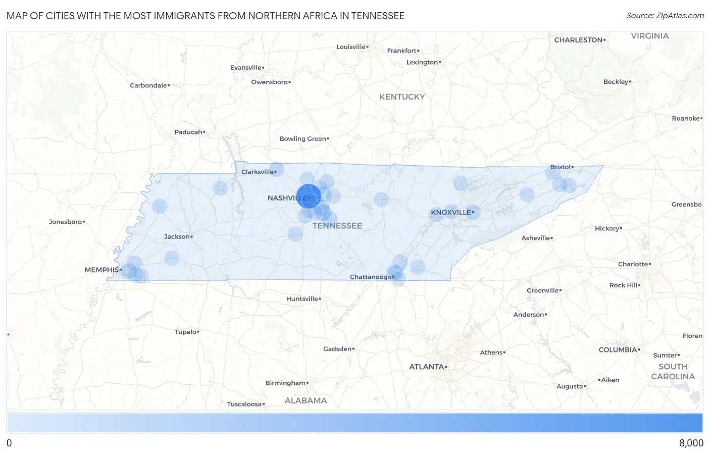 Cities with the Most Immigrants from Northern Africa in Tennessee Map