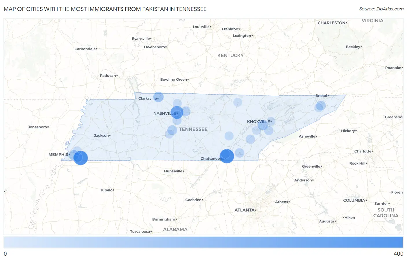 Cities with the Most Immigrants from Pakistan in Tennessee Map