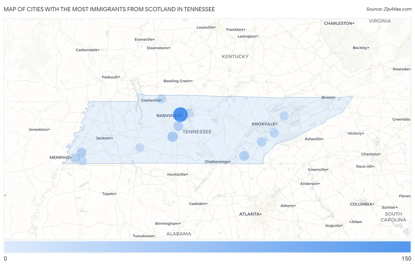 Cities with the Most Immigrants from Scotland in Tennessee Map