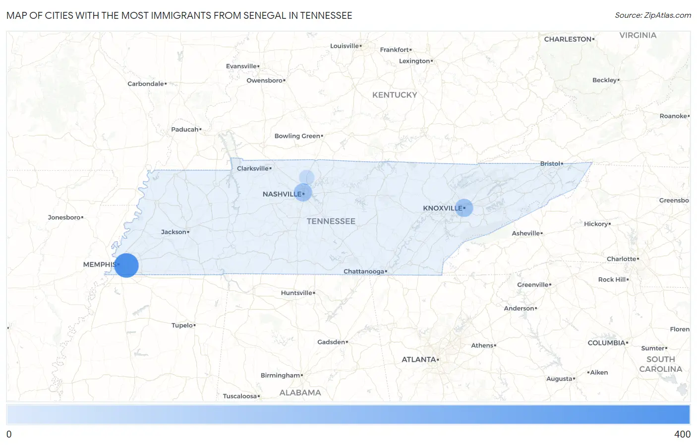 Cities with the Most Immigrants from Senegal in Tennessee Map