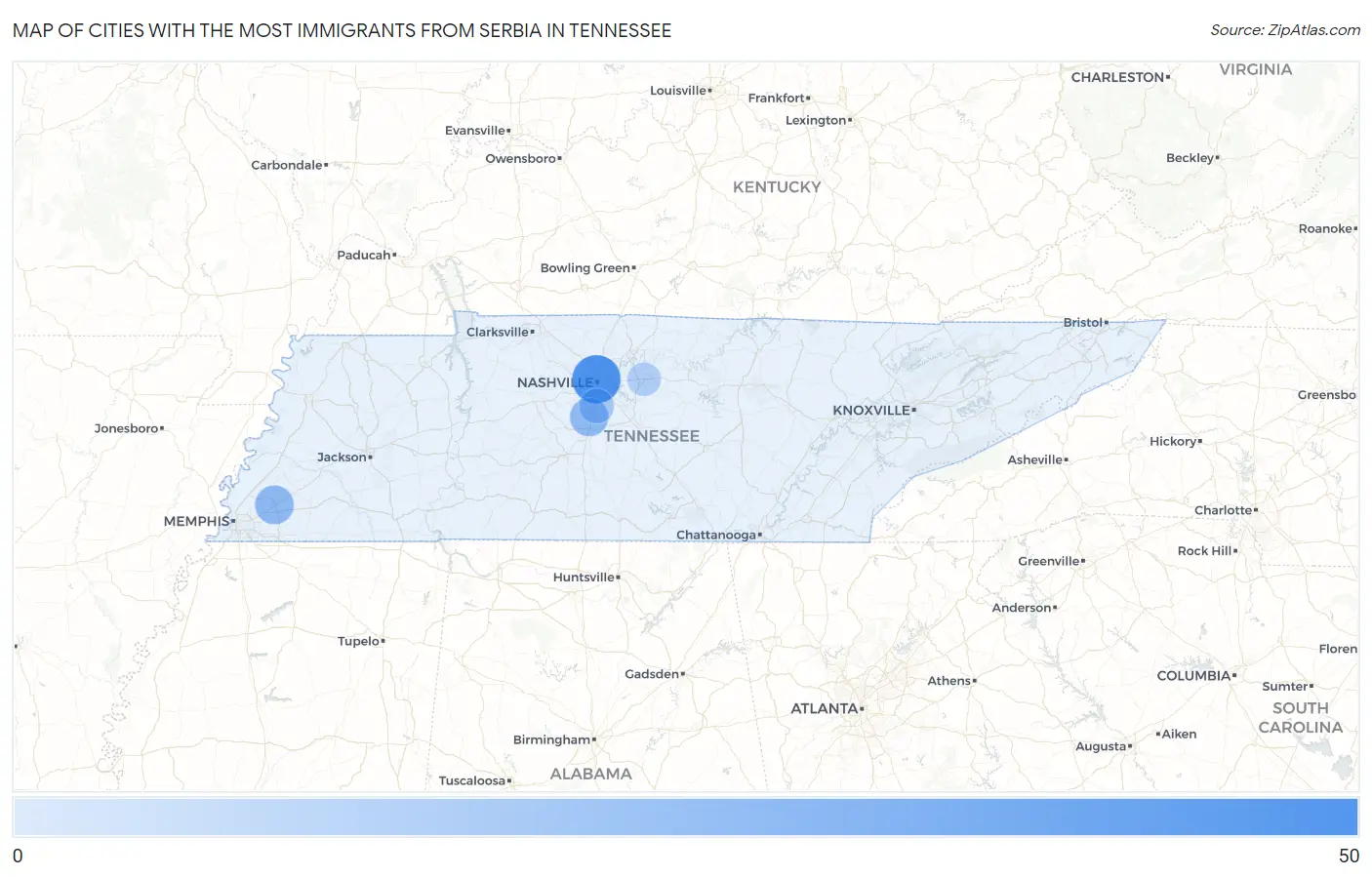 Cities with the Most Immigrants from Serbia in Tennessee Map