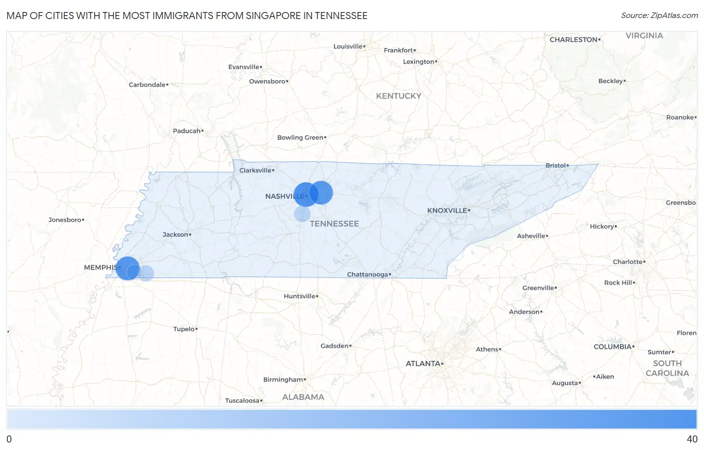 Cities with the Most Immigrants from Singapore in Tennessee Map