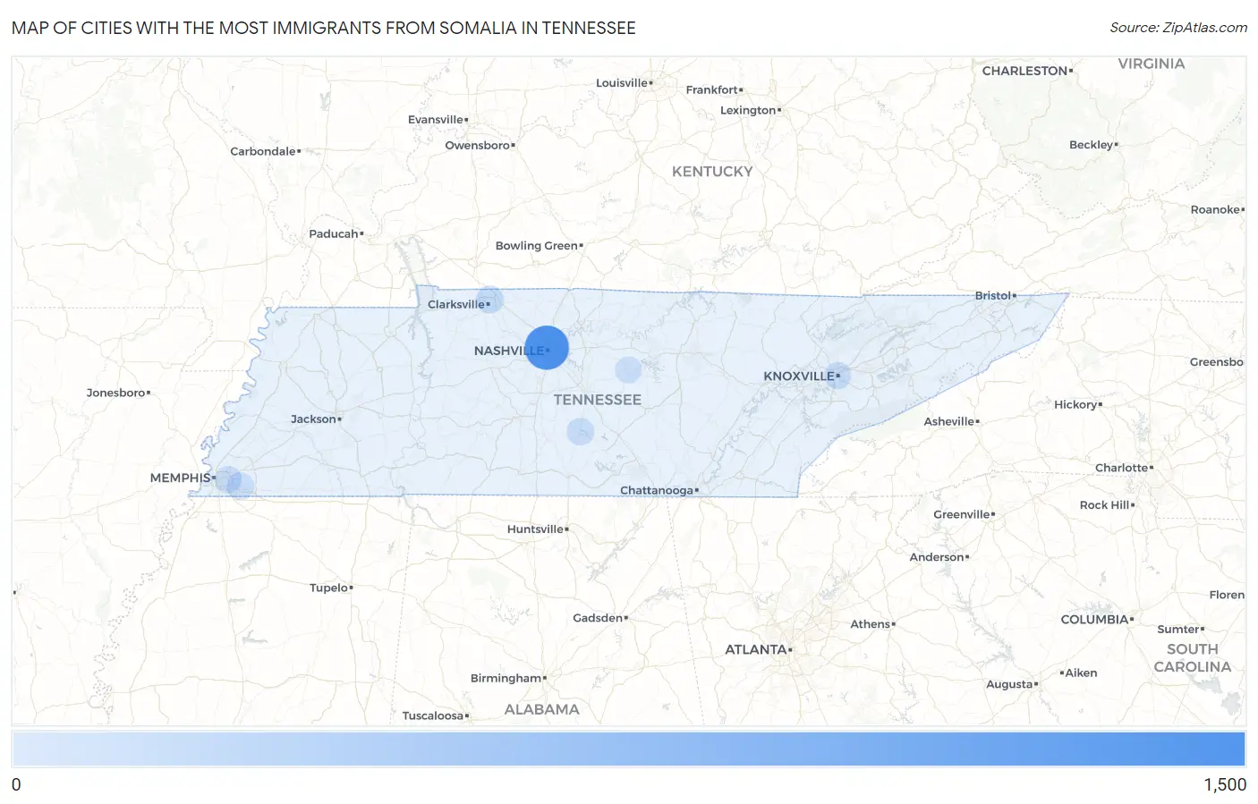 Cities with the Most Immigrants from Somalia in Tennessee Map