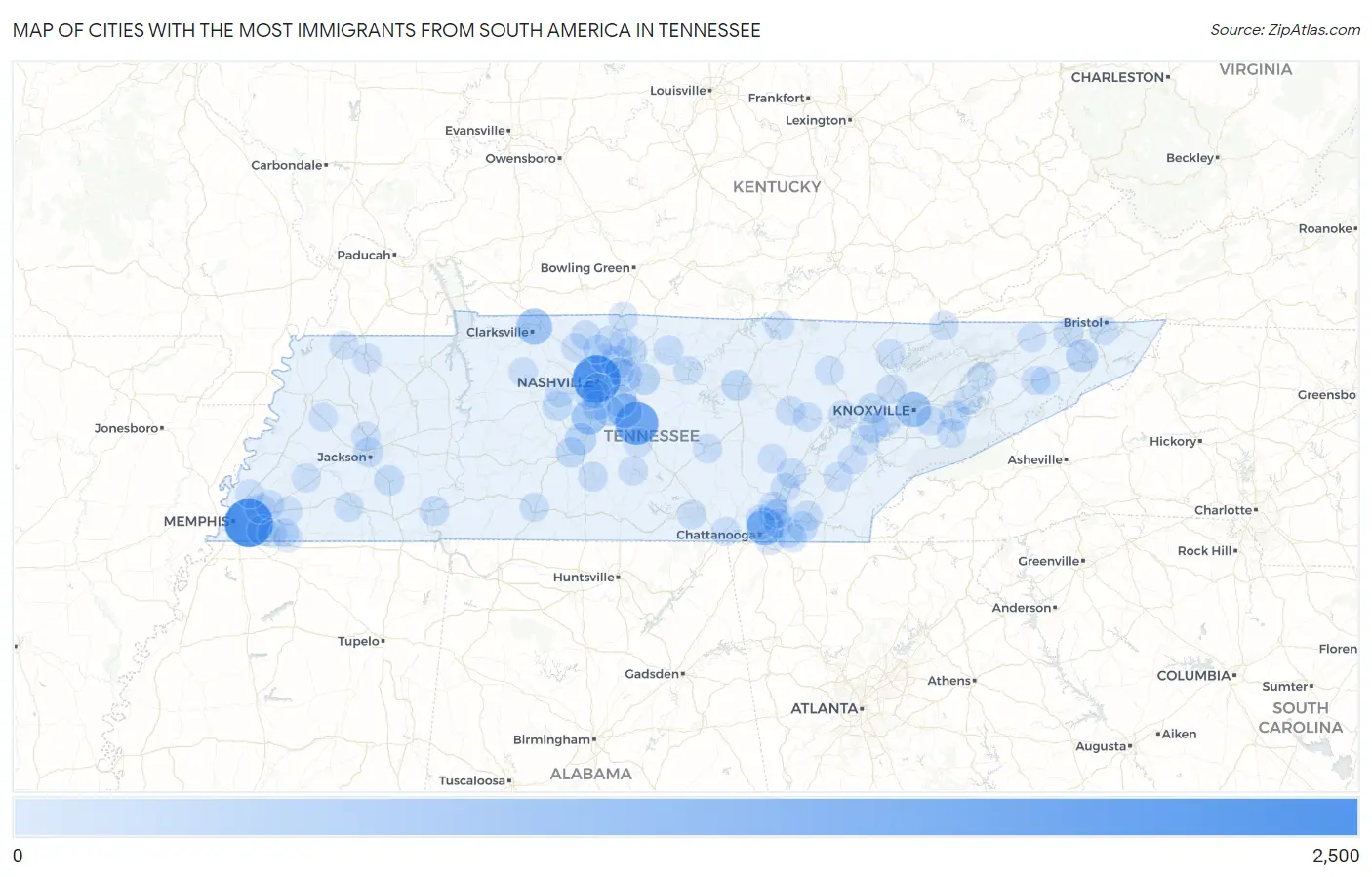 Cities with the Most Immigrants from South America in Tennessee Map