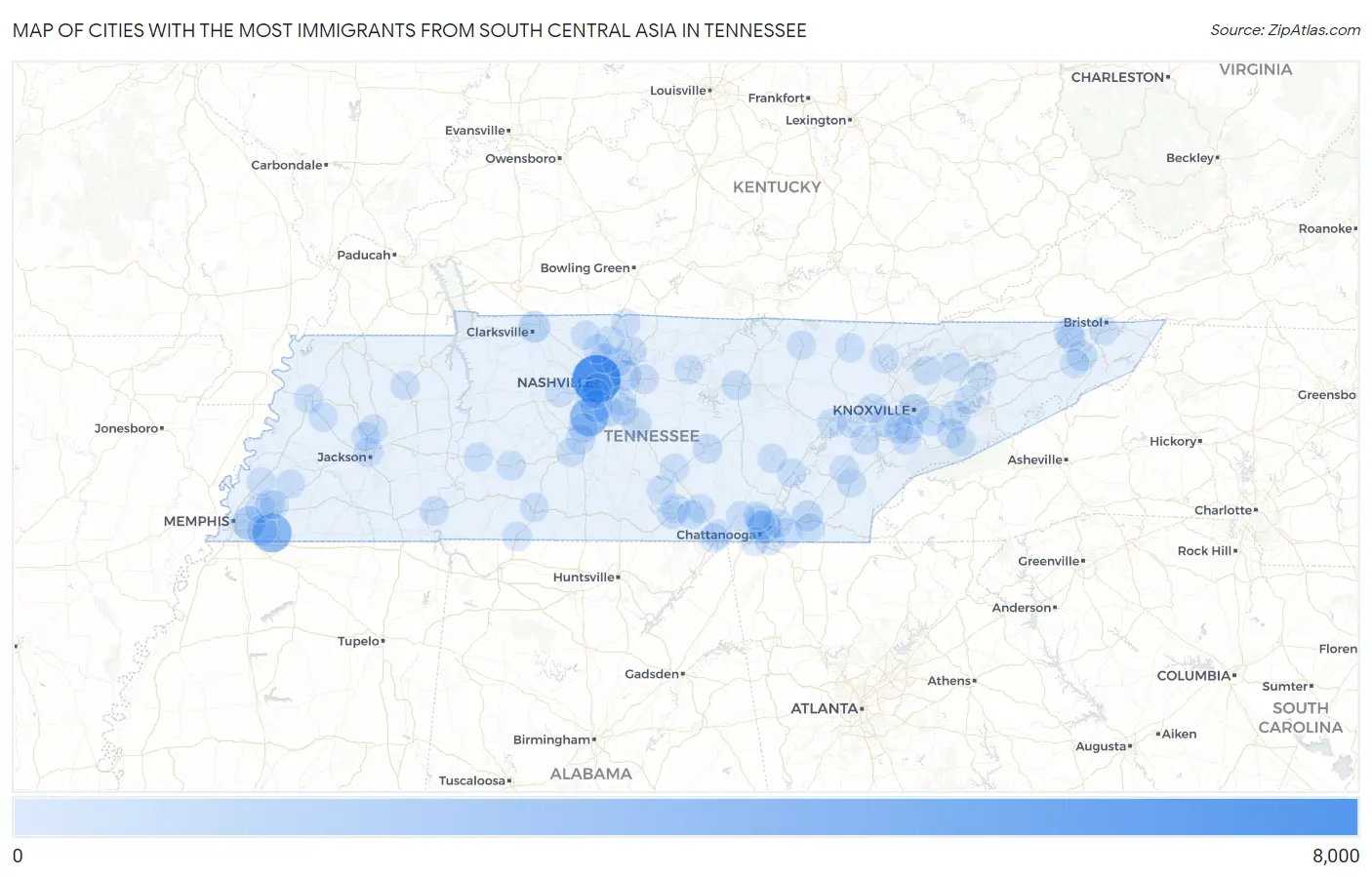 Cities with the Most Immigrants from South Central Asia in Tennessee Map