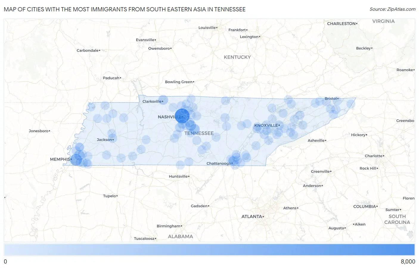 Cities with the Most Immigrants from South Eastern Asia in Tennessee Map
