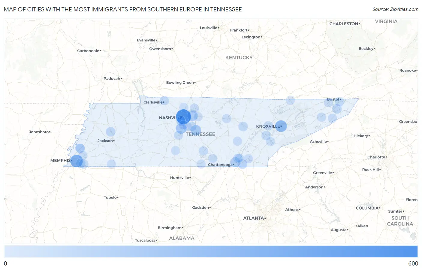 Cities with the Most Immigrants from Southern Europe in Tennessee Map