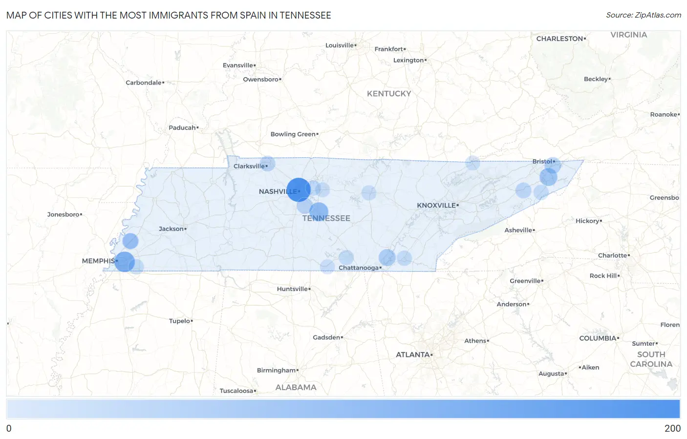 Cities with the Most Immigrants from Spain in Tennessee Map