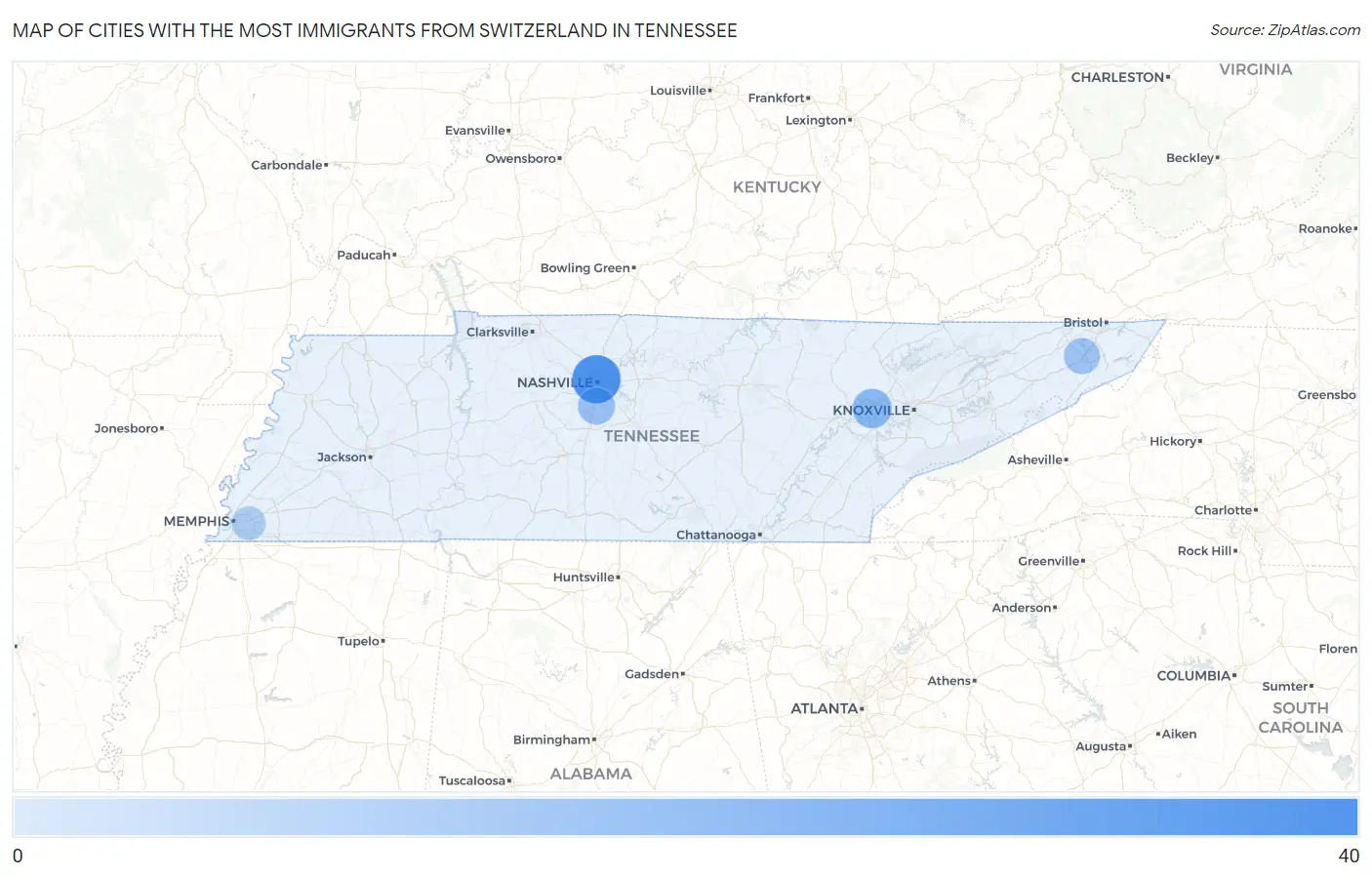 Cities with the Most Immigrants from Switzerland in Tennessee Map