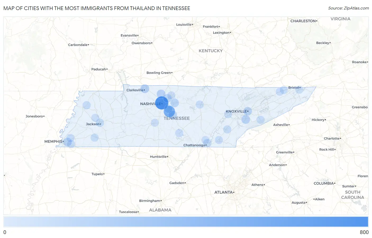 Cities with the Most Immigrants from Thailand in Tennessee Map