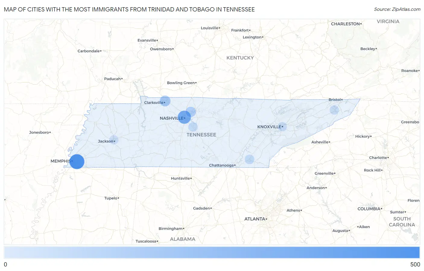 Cities with the Most Immigrants from Trinidad and Tobago in Tennessee Map