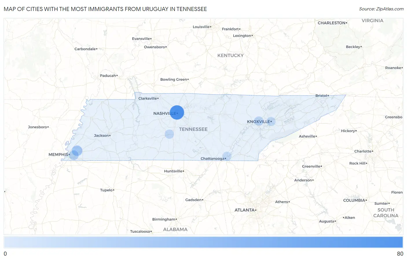 Cities with the Most Immigrants from Uruguay in Tennessee Map