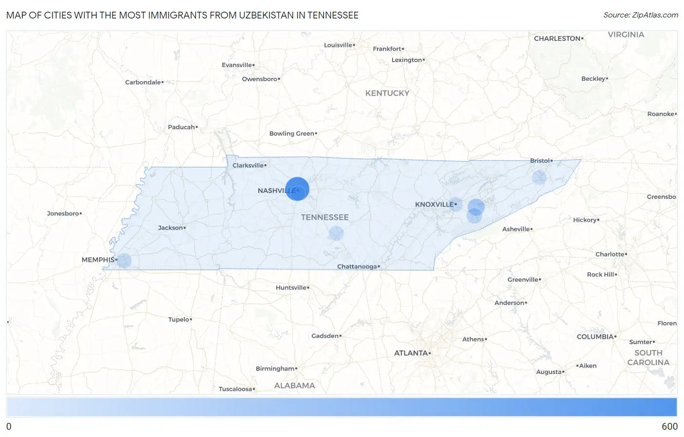 Cities with the Most Immigrants from Uzbekistan in Tennessee Map