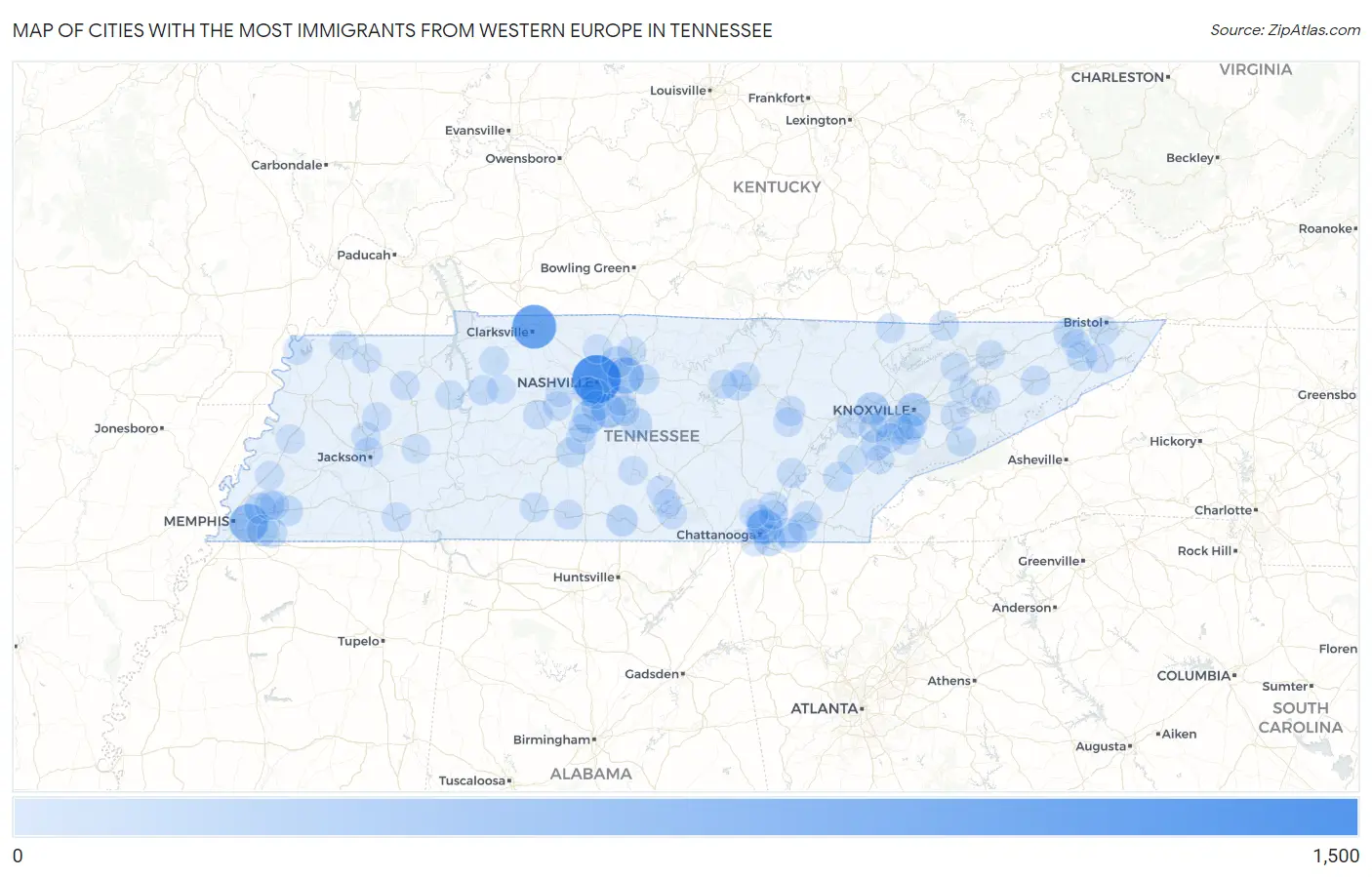 Cities with the Most Immigrants from Western Europe in Tennessee Map