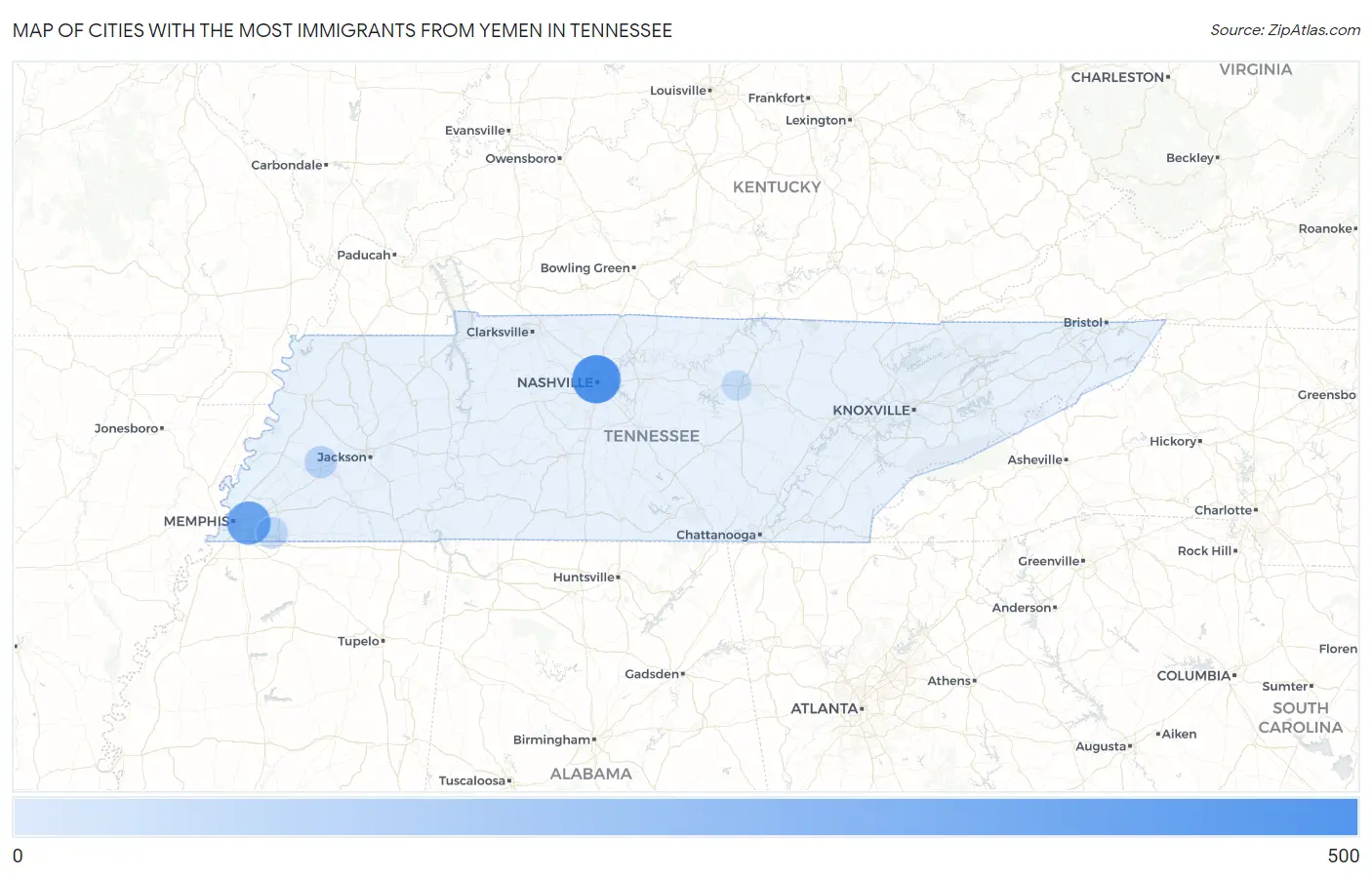 Cities with the Most Immigrants from Yemen in Tennessee Map